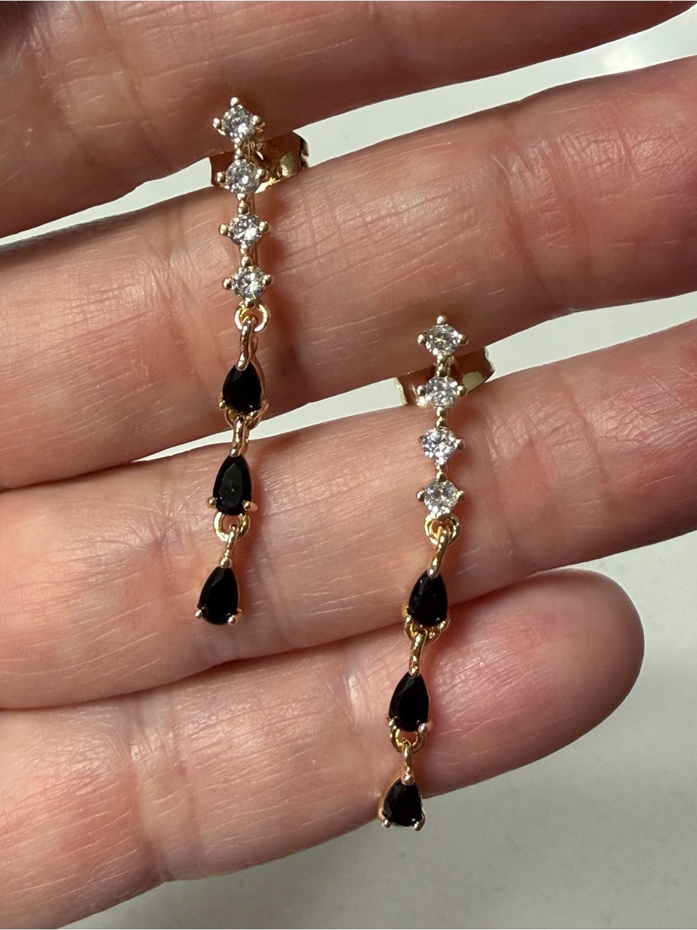 Pretty Bird USA Gold-Plated CZ Drop Earrings with Black Teardrop